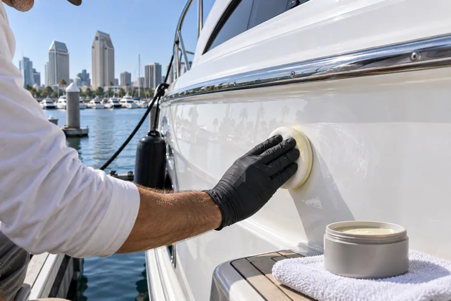 Illustration of marine wax being applied to fiberglass