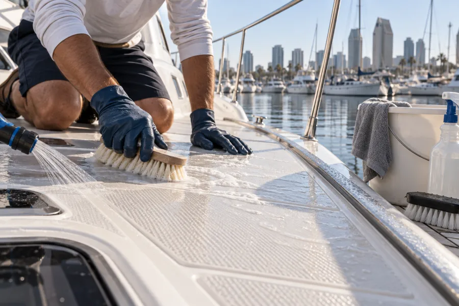 Illustration of careful washing on a boat deck