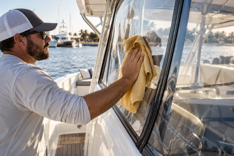 Illustration of a worker hand drying a boat window