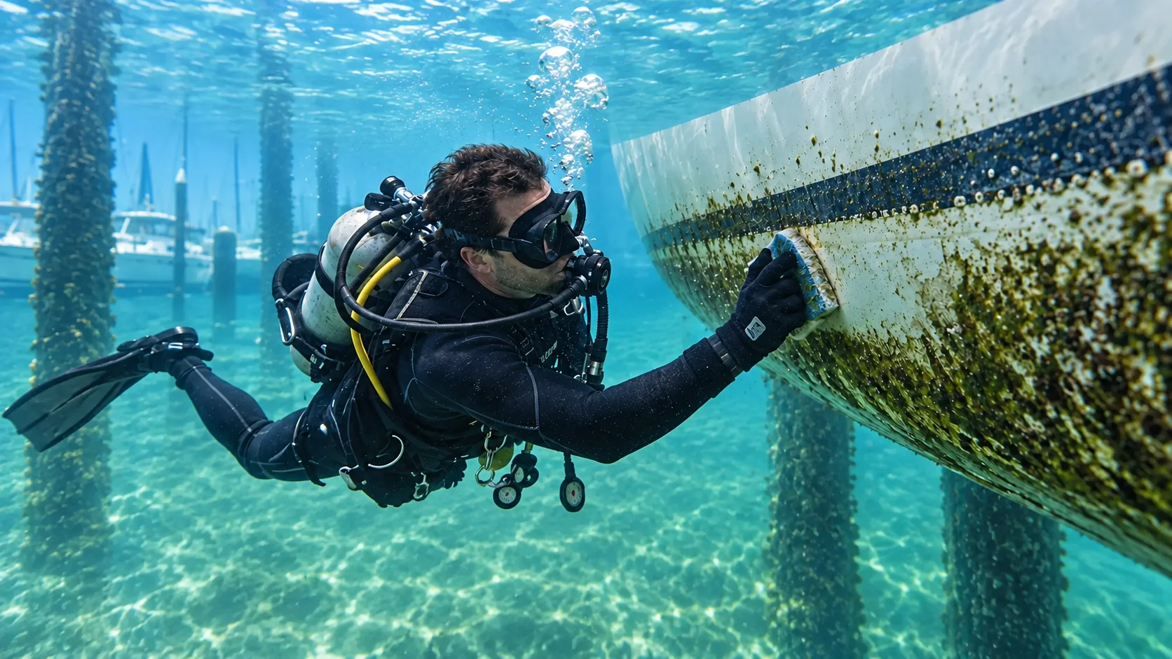 Illustrative scene of a diver gently cleaning a boat hull underwater