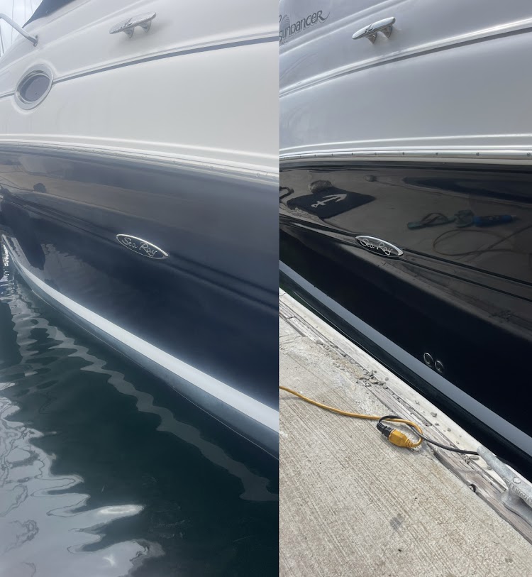 Before and after comparison of a boat hull detail