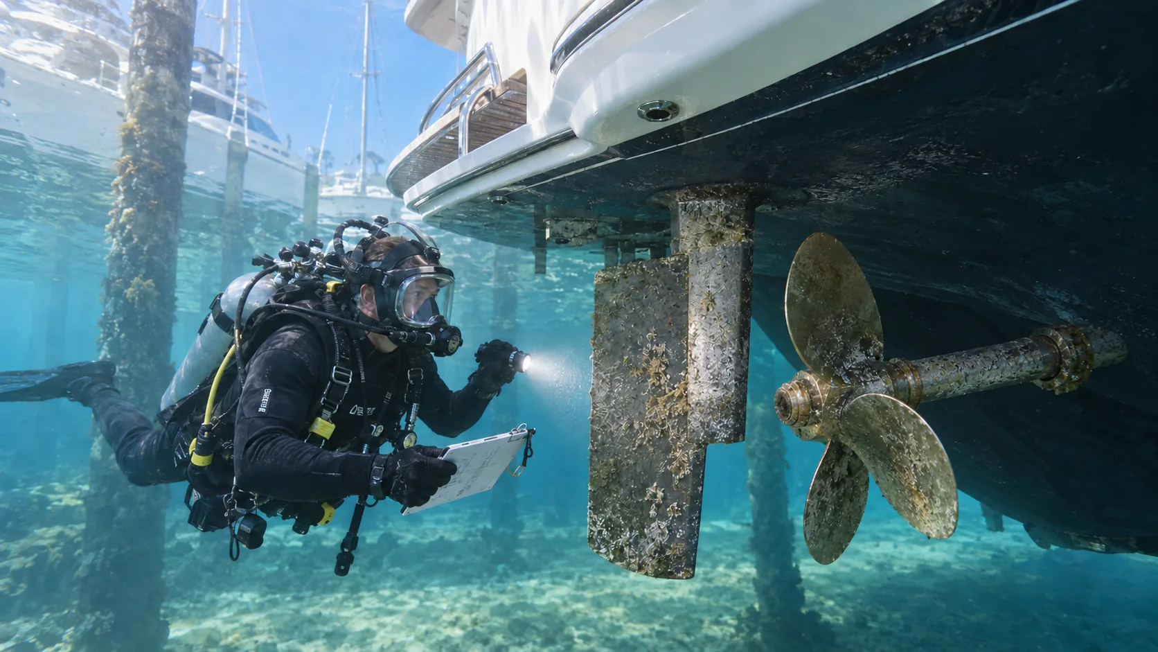 Illustrative scene of a diver inspecting a yacht's propeller, rudder and hull underwater