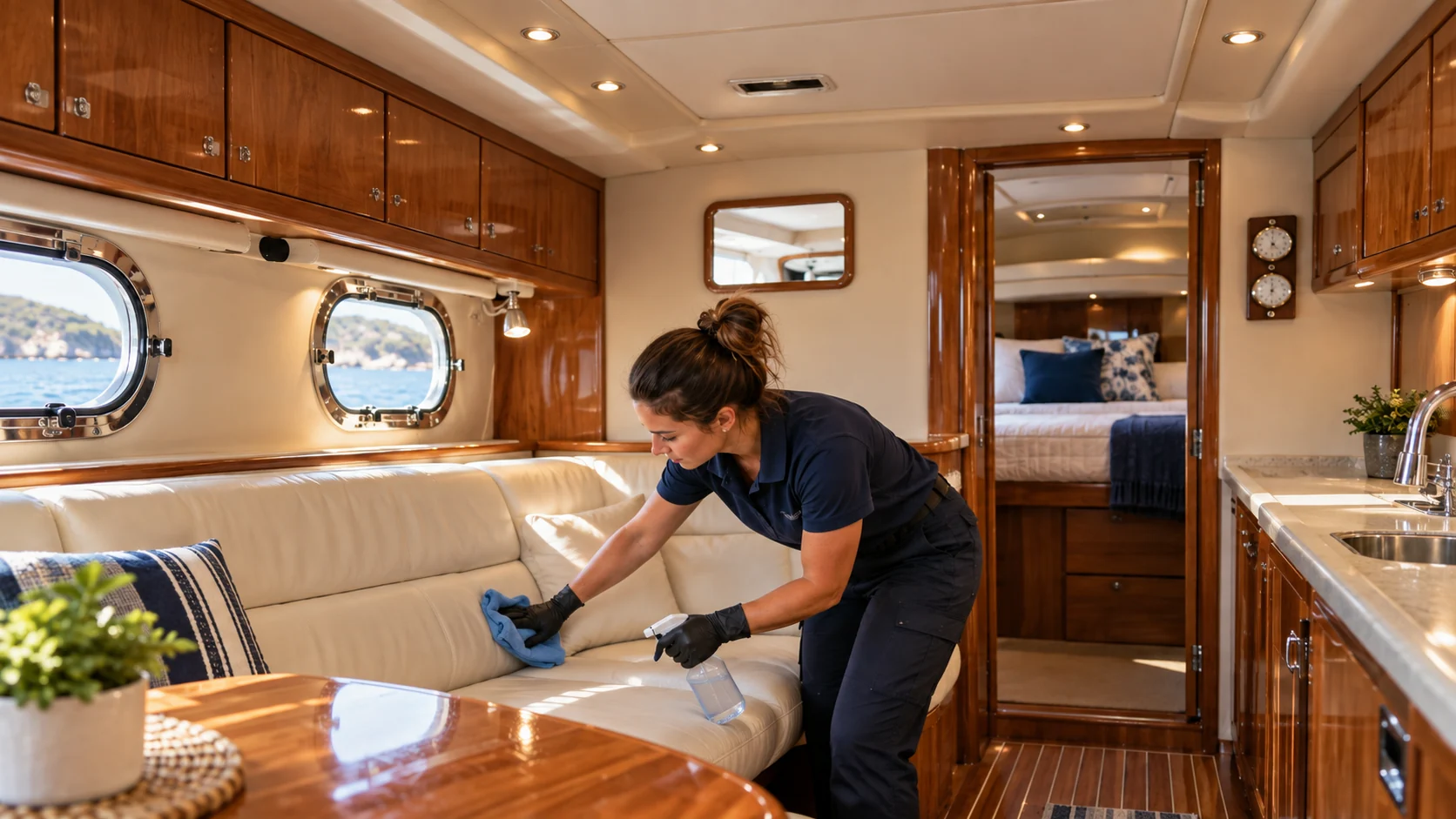 Illustrative scene of a professional cleaning a yacht cabin