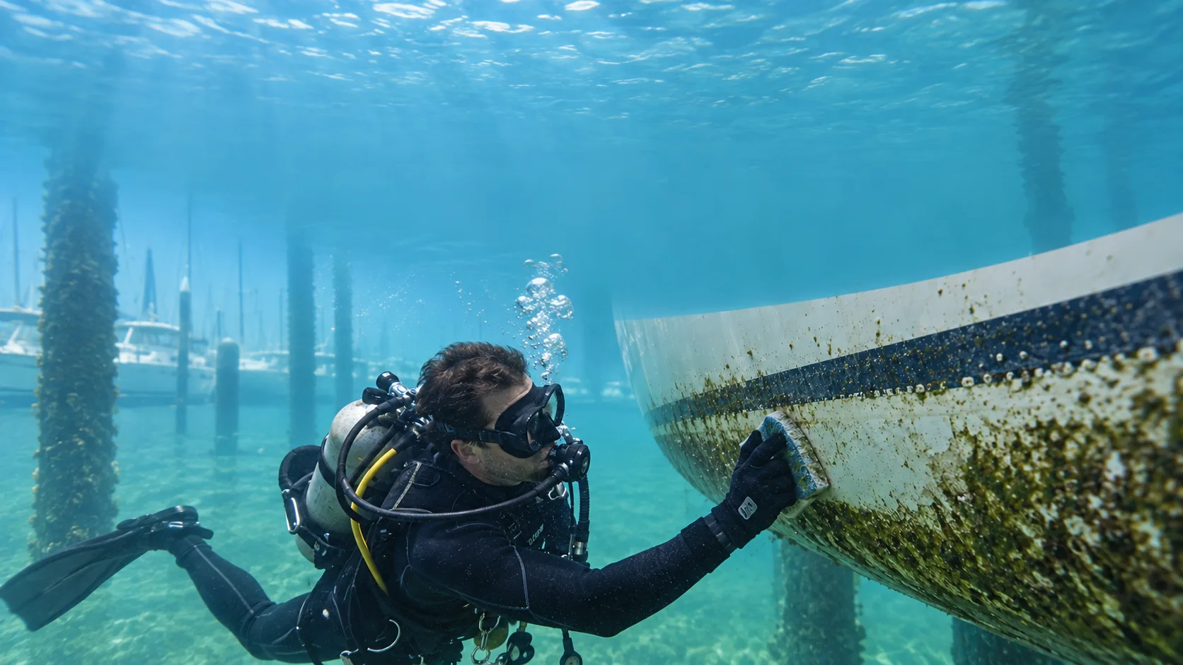 Illustrative scene of a diver cleaning a boat hull underwater