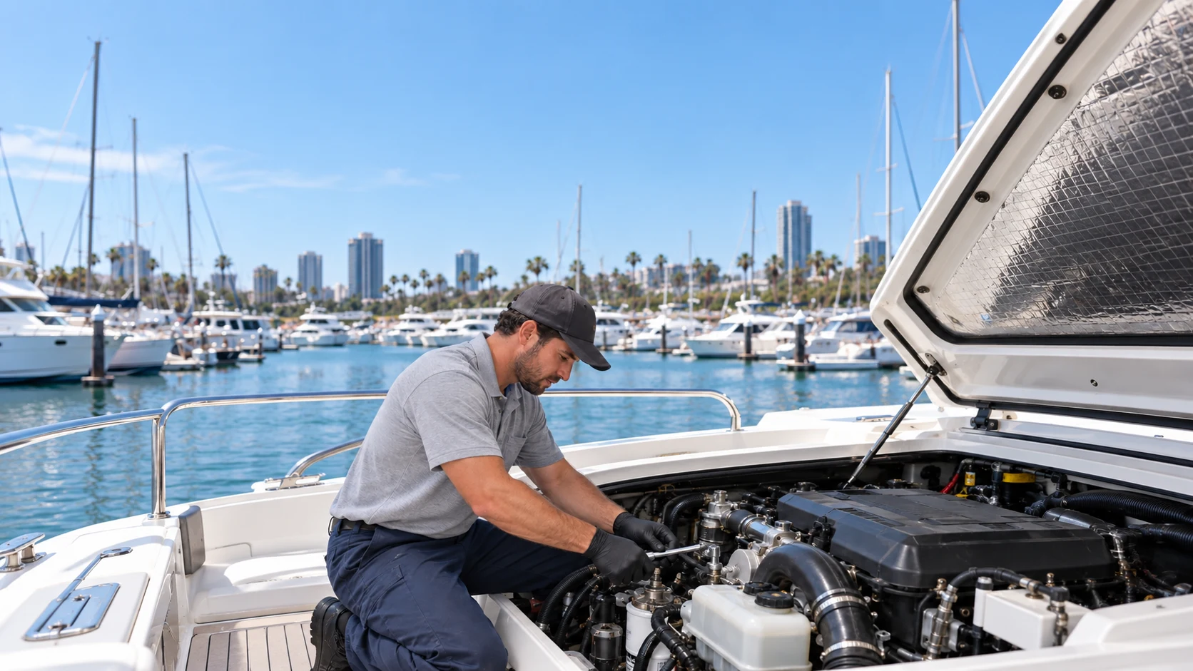 Illustrative scene of a marine mechanic servicing a yacht engine