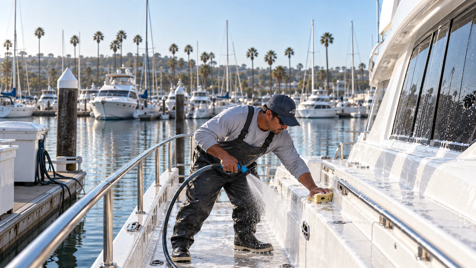 Illustrative scene of a professional washing a yacht exterior