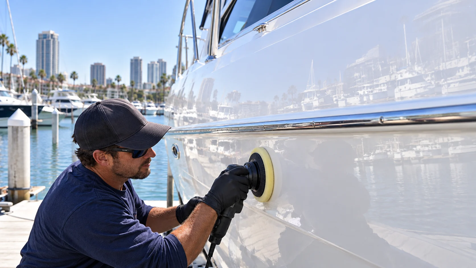 Illustrative scene of a professional polishing a yacht hull