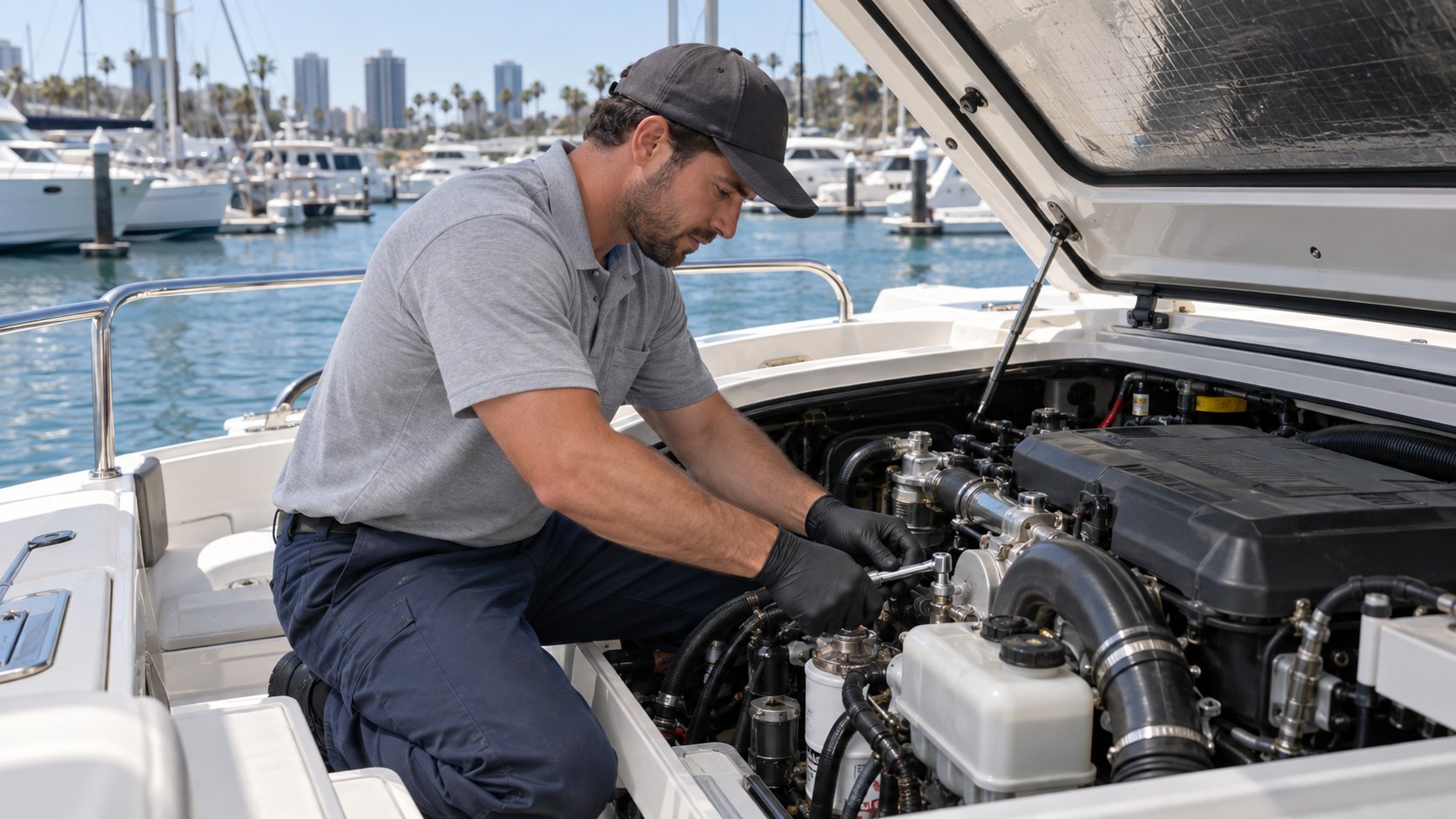 Illustration of marine mechanic on a boat