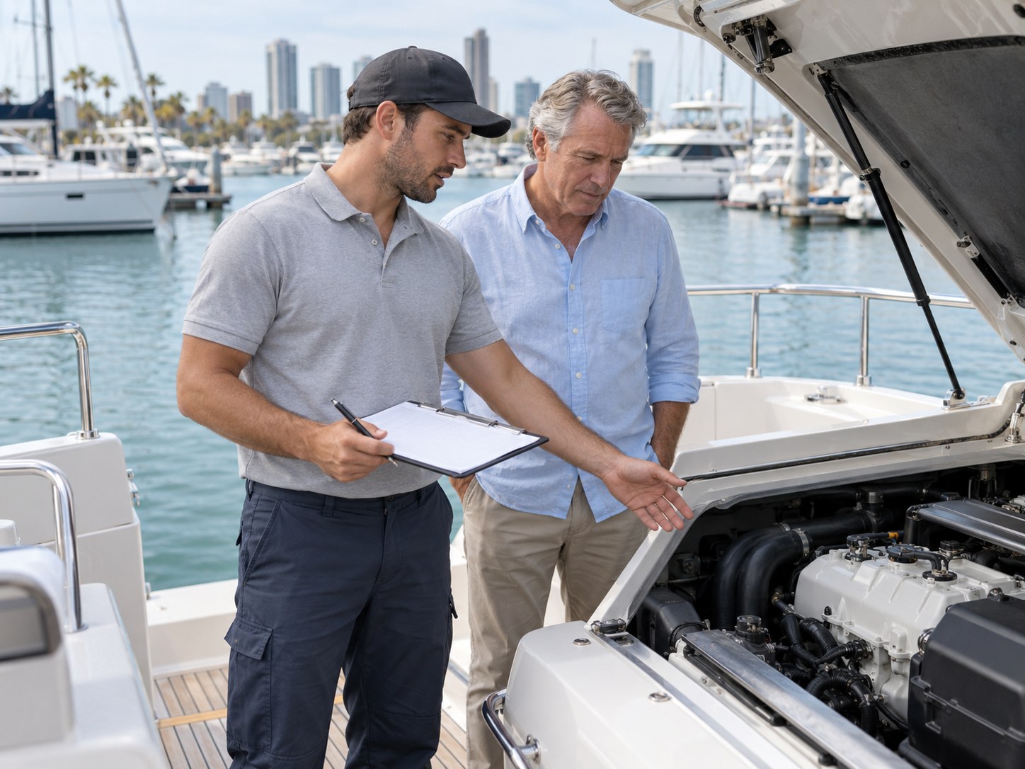 Illustration of a mechanic noting the engine make and model with the boat owner